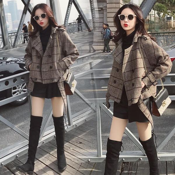

women's wool & blends woolen coat female short korean double-breasted plaid thin women winter woman jacket, Black