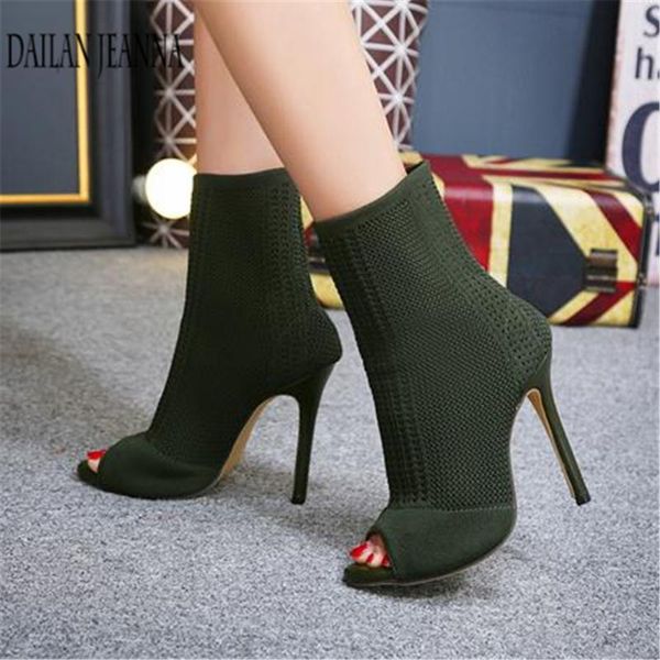 

boots dailan jeanna brand shoes european short spring hollowed fishmouth wool socks super high heels women's cool, Black