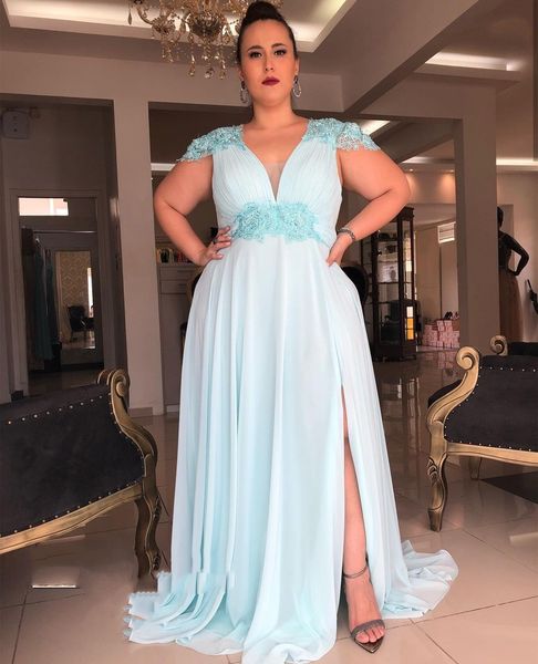 

evening dress 2021 plus size floor length side slit chiffon backless court train beaded gorgeous mint green, Black;red