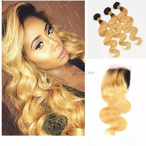 

dark roots honey blonde lace closure with bundles two tone ombre human body wave hair weave with lace closure baby hair around, Black;brown