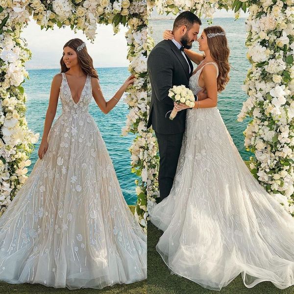 

3d floral appliques wedding dresses deep v neck sleeveelss bridal gowns robes de mariÃ©e bohemian backless wedding dress, White