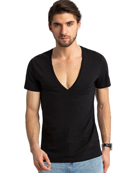 

deep v neck t shirt for men tshirt invisible undershirt male low cut vneck wide vee tee model scoop hem slim fit short sleeve, White;black