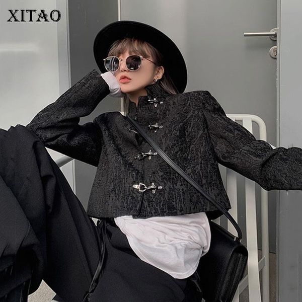 

xitao vintage short jacket women trendy fashion new style mandarin collar long sleeve sequined button personality coat zxr1235, Black;brown