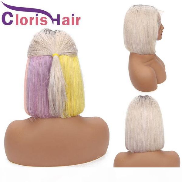 

13x4 bob wig dark roots rainbow silver grey ombre human hair brazilian straight lace front wigs for black women full highlight glueless wig, Black;brown