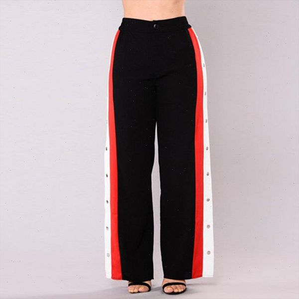 

fashion womens split side buttons wide leg jogger casual long pants summer loose striped high waist trousers, Black;white