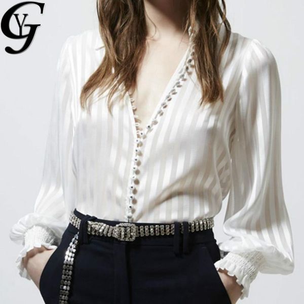 

fashion striped shirts women new autumn long sleeve chiffon blouse korean button up ladies deep v-neck blusa femininas, White
