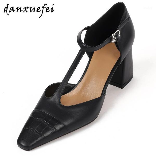 

dress shoes women's genuine leather t-strap thick high heel pumps pointed toe elegant ladies style retro vintage heels female sale1, Black