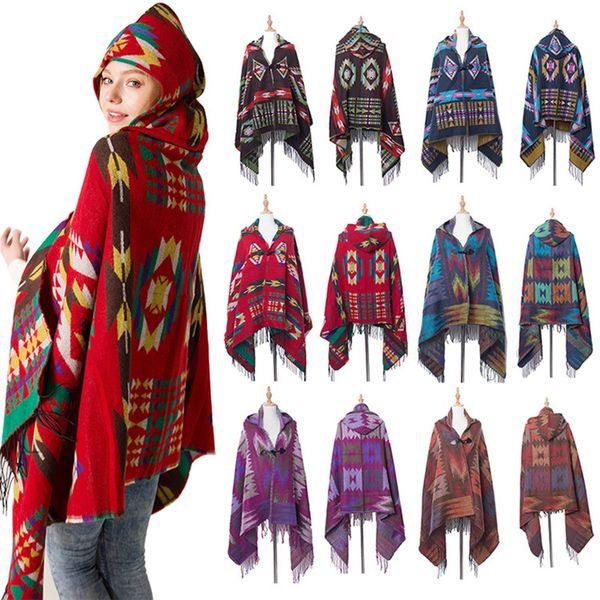 

women bohemian collar plaid hooded blanket cape cloak poncho fashion wool blend winter outwear shawl scarf dda755, Blue;gray