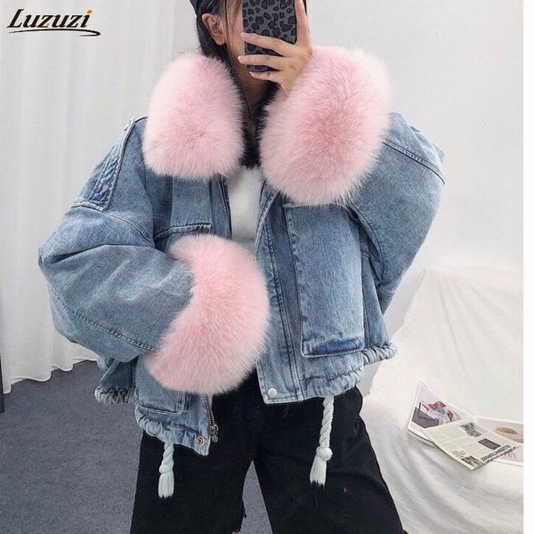 

luzuzi 2020 winter loose denim jacket women oversized fur collar plus velvet padded jackets vintage cotton thick warm jean coat c1111, Black;brown