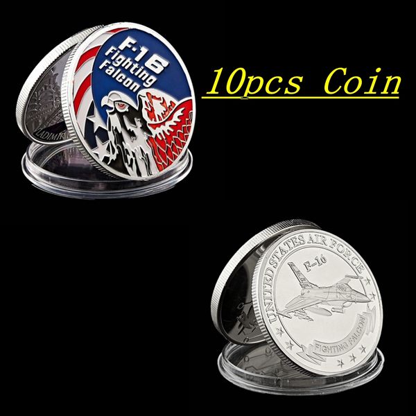 

10pcs us military craft f-16 fighting falcon silver plated usa eagle collectible challenge commemorative coin