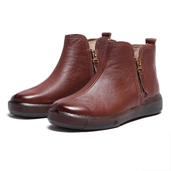 

women ankle boots warm short plush split leather handmade sewing soft insole fur lining non slip double zip vintage casual shoes, Black