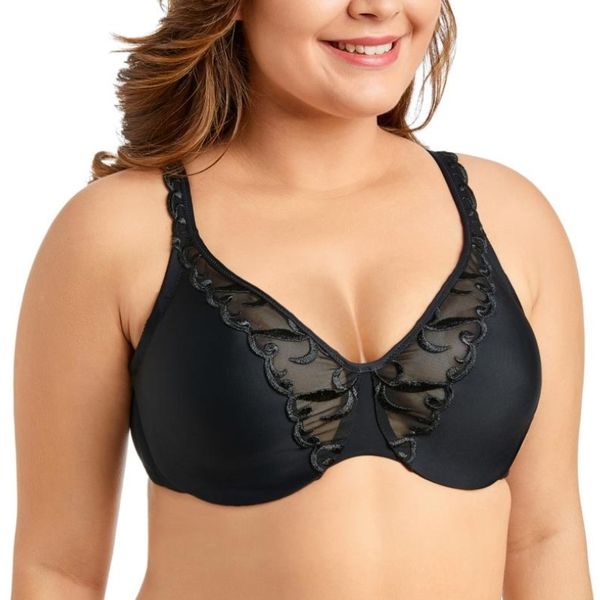 

women's underwired full coverage no padding embroidered minimizer plus size bra 32 34 36 38 40 42 44 b c d dd e ddd f ff g cup y200415, Red;black