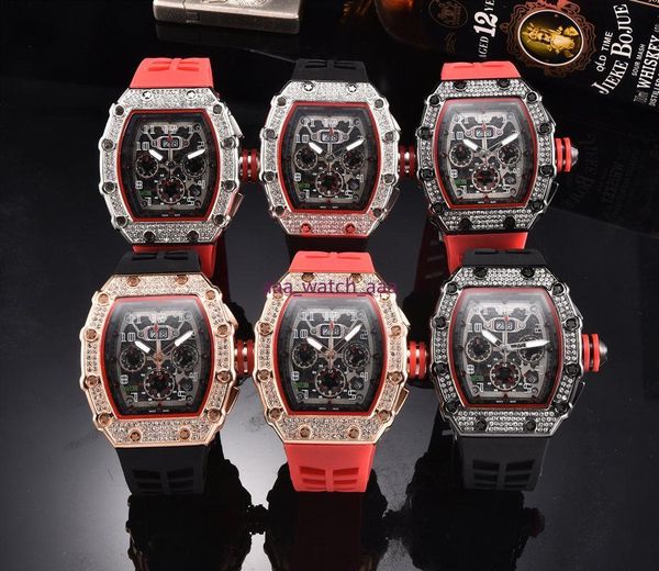 

2021 mens fashion sport watch shinning watches stainless steel diamond iced watch all dial work chronograph rubber strap r-male clock, Slivery;brown