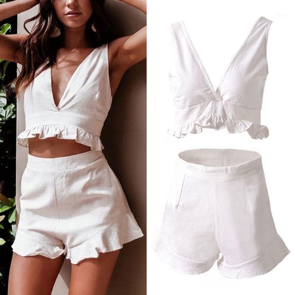 

women summer 2 piece white outfits set sleeveless v-neck cami crop high waist ruffles shorts beach clubwear1, Gray