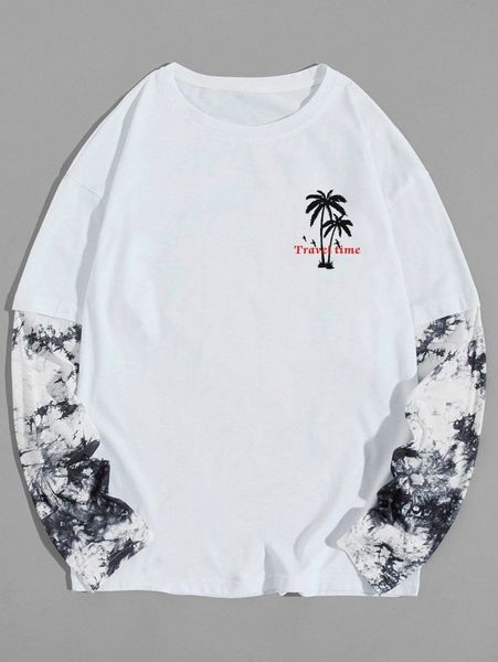 

romwe guys tie dye tree & letter graphic tee 39ng#, White;black