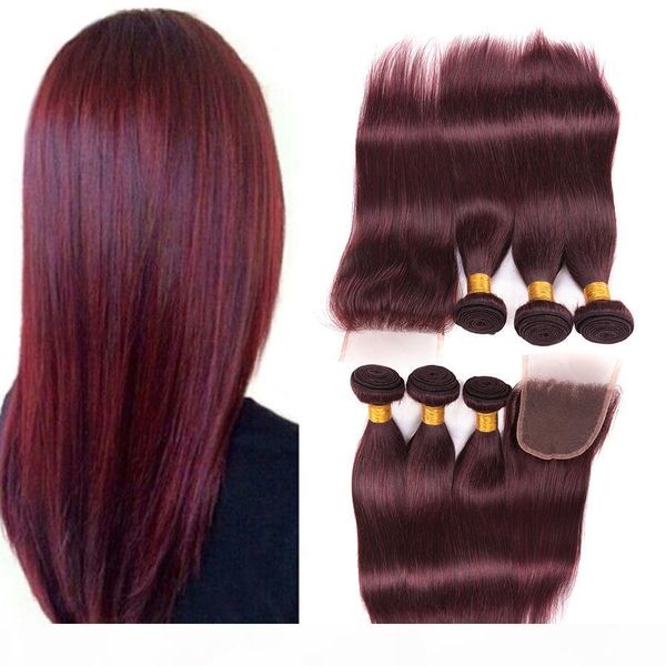 

unprocessed 99j straight virgin hair with closure #99j malaysian human hair 3 bundles with lace closure 4pcs lot red hair, Black;brown