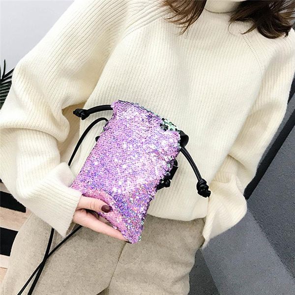 

casual square sequins women bag pu drawstring bags for women 2020 korean style luxury fashion shoulder bag