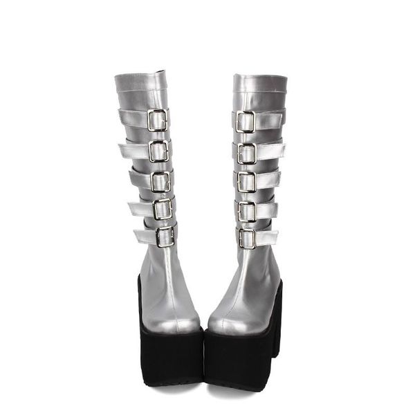 

princess sweet punk shoes spring summer super high-heeled cos anime punk zipper locomotive after high boots tube pu8452, Black