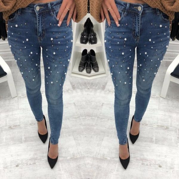 

women's jeans black push hip beading pearl woman casual pocket skinny pencil jean with high waist pants autumn 2021 jeanse women bottom, Blue