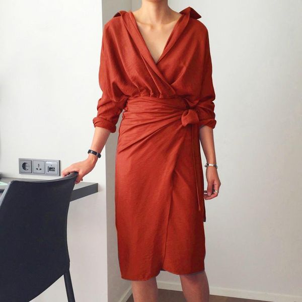 

ewq]2021 summer new beach dress v neck long sleeve high waist elegent plus size dresses bandage straight casual laider clothing, Black;gray