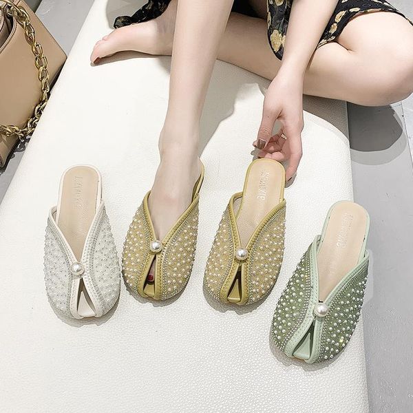 

women shoes water diamond net red versatile korean version baotou half drag women spring and summer 2020 new pearl shu