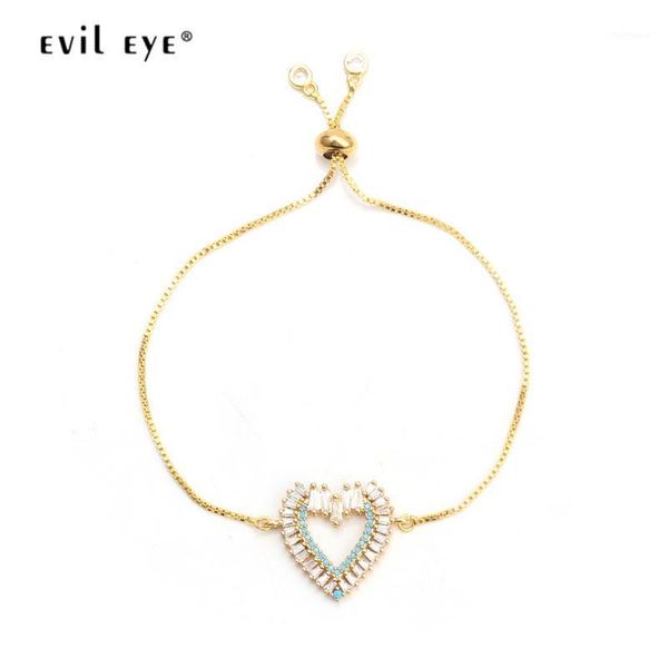 

evil eye charm bracelet gold color chain heart bracelet adjustable micro pave zircon fashion jewelry for women female ey63081, Golden;silver