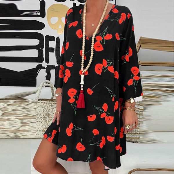 

summer dress women plus size loose fashion casual ladies print three quarter sleeve mini dress summer dress#15, Black;gray