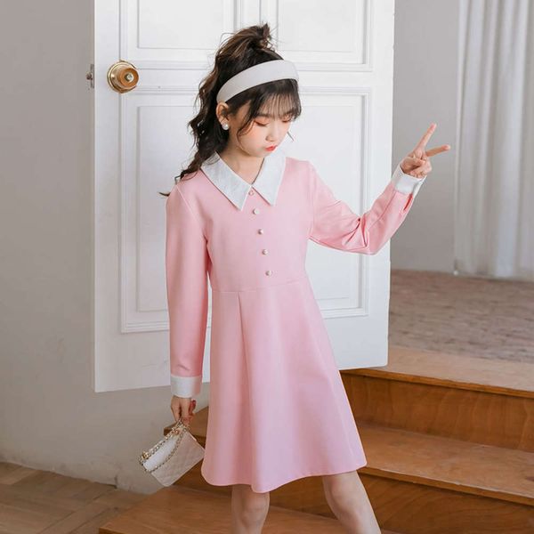 

long sve girls' drs korean 2021 spring new product solid color lapel cute fashion children's skirt, Red;yellow