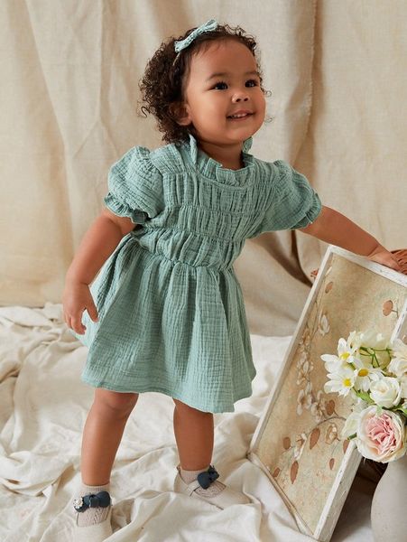 

baby frilled neck puff sleeve textured dress she, Red;yellow