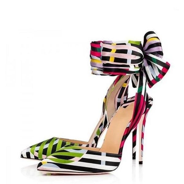 

sandals est multicolor strip bow knot high heel shoes pointed toe cut-out ankle wrap lace-up gladiator big size 13 drop ship1, Black