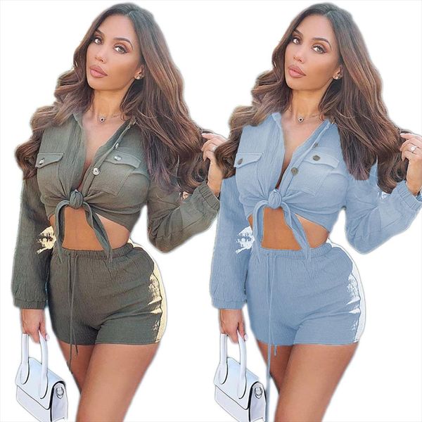 

2020 summer women two pieces set tracksuits full sleeve shirts shorts suits street 2 pcs night fitness outfits, Gray