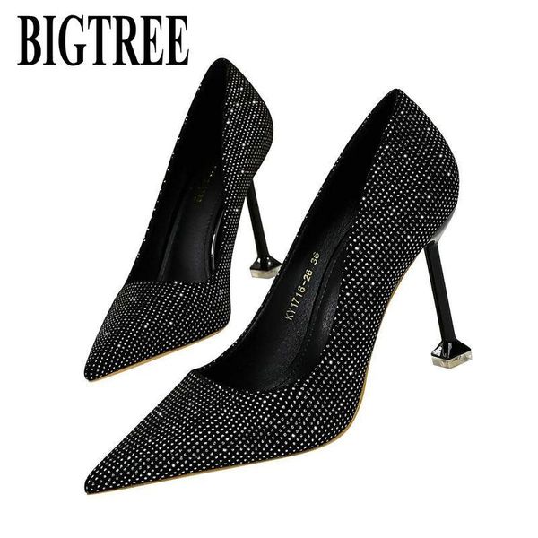 

dress shoes bigtree 2021 fashion women single sequin high heels pumps party pointed toe wedding thin, Black