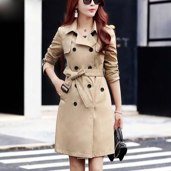 

women casual solid color double breasted outwear fashion sashes office coat design long trench, Tan;black