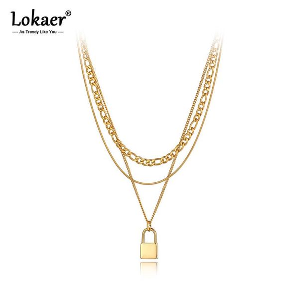 

lokaer titanium stainless steel lock charm pendant necklaces jewelry fashion bohemia three layer chain necklace for women n20260, Silver