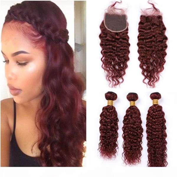 

99j wine red water wave human hair bundles with closure burgundy red wet and wavy brazilian virgin hair weaves with lace closure 4x4, Black