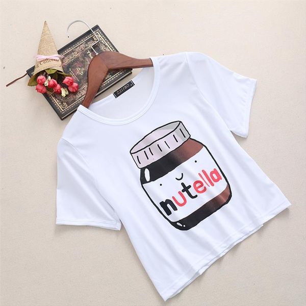 

2021 summer t shirt nutella print white crop short sleeve t shirts fitness women fashion kawaii shirt