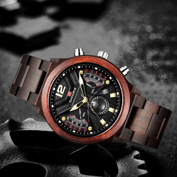 

new fashion timing kunhuang men's multifunctional sports popular quartz wood watch 2021, Slivery;brown