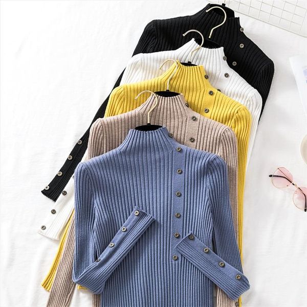 

2019 autumn fashionable new women sweater slim soft jumper sweater button decoration knitted shirt for women, White;black