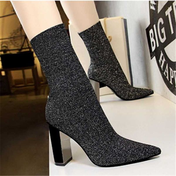 

2020 autumn winter women woolen boot fashion high heel comfortable pointed set foot non-slip increase height women ankle boot, Black