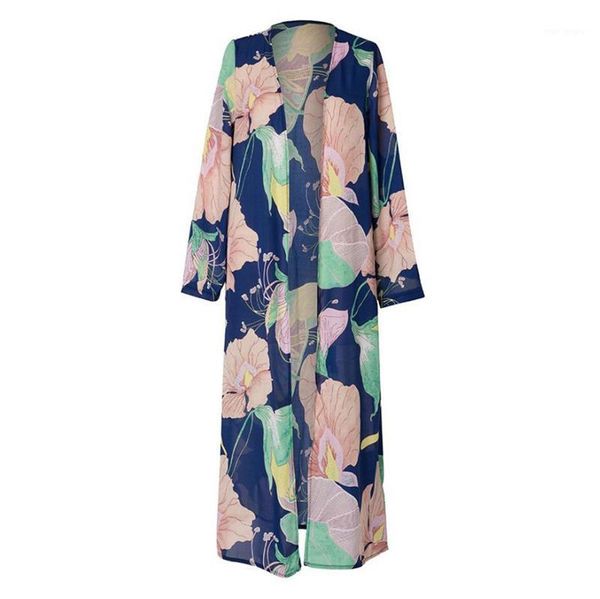 

women long sleeve printed shawl beachwear chiffon cardigan cover up blouse corta viento mujer plus size dropship l#121, Tan;black