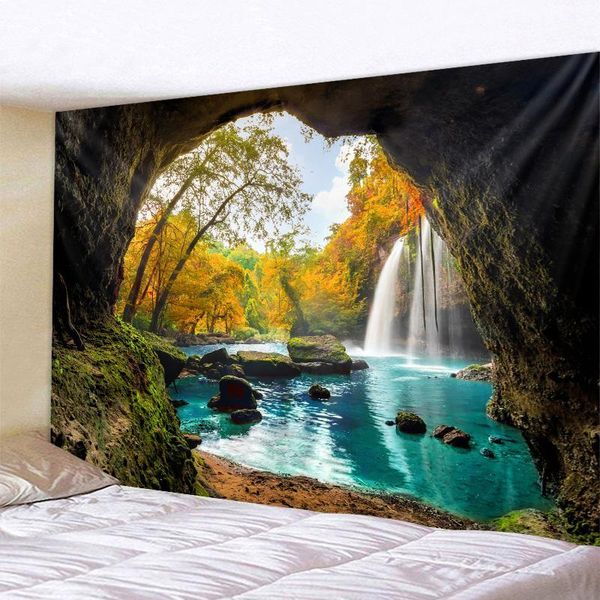 

tapestries beautiful cave waterfall print wall hippie tapestry polyester fabric home decor rug carpets hanging big couch blanket1
