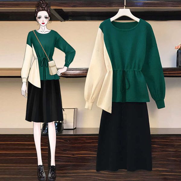 

women's autumn fashion 2020 new large temperament contrast sweater + suspender vest dress two piece suit, Black;gray