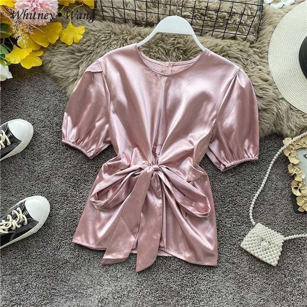 

whitney wang blouses 2020 spring summer fashion korean style solid color bow knot satin blouse women blusas lady shirt, White