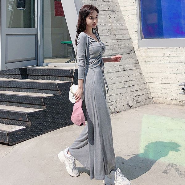 

gp59t new 2-piece setautumn winter leg korean temperament suitwide leg pants suitcasual suit v-neck drawstring knitted wide 2020 pants se, Gray