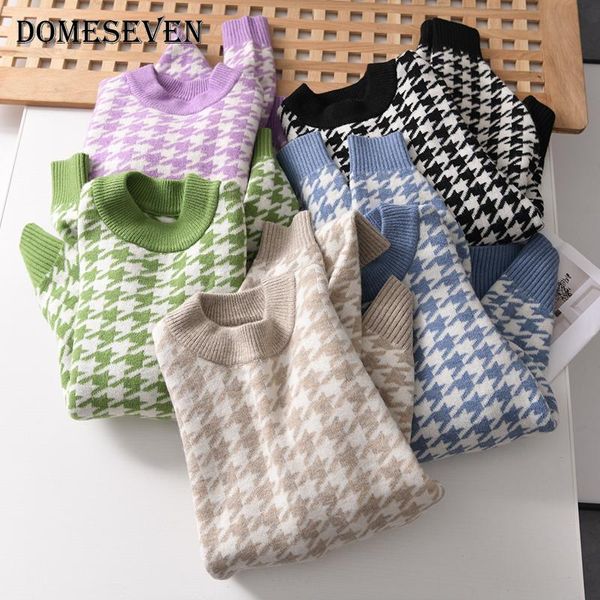 

women casual houndstooth pullover sweater geometric khaki knitted sweater female 2021 autumn winter clothing retro jumpers, White;black