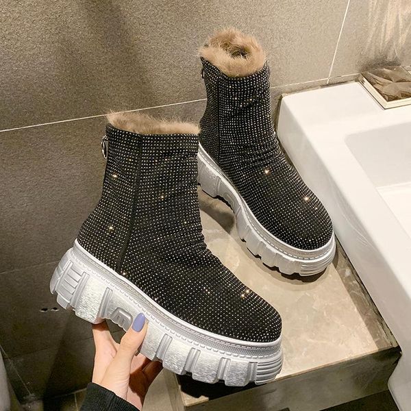 

winter women's warm ankle snow boots plush lining high heels platform sequins bling rhinestones shoes b37, Black