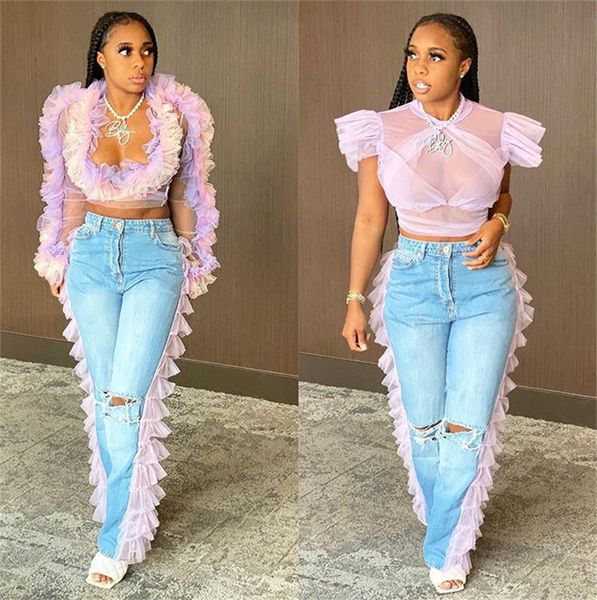 

lace patchwork jeans fashion womens ripped denim jeans holes long pants bottom bodycon straight leg trousers boutique clothing f101901, White