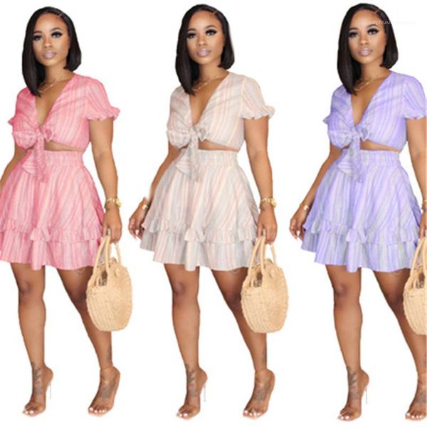

bandage short skirt suits designer female new short tee tracksuits women stripe v-neck sets fashion summer sweet wind casual, Gray