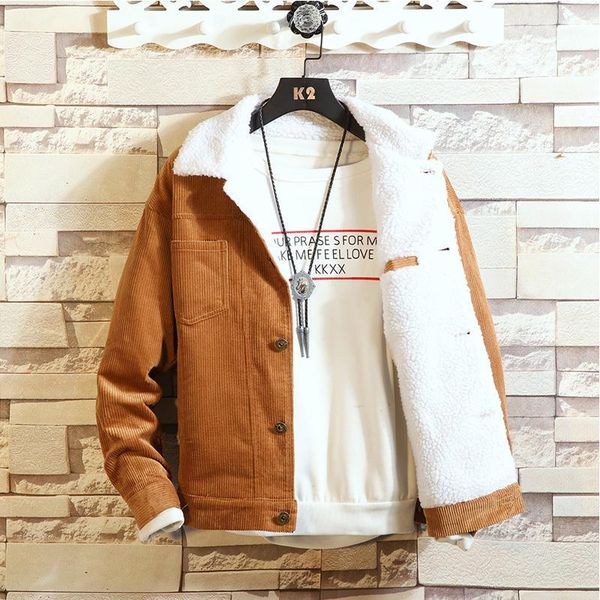 

winter jacket men fashion retro casual solid color thick warm corduroy coat man streetwear wild loose cotton male clothes -3xl1, Tan;black