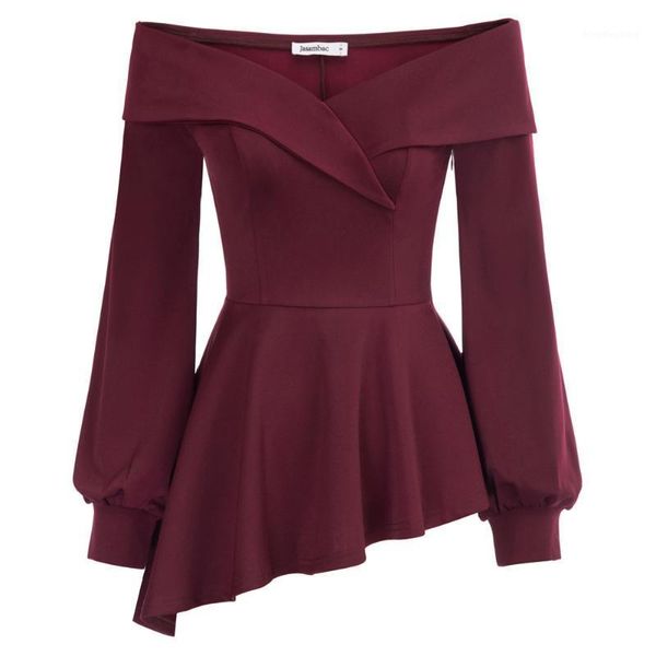 

women shirts clothes off shoulder long sleeve asymmetric peplum hem autumn winter solid party gothic punk blouse lady1, White